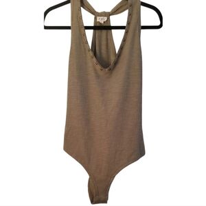 POL Slvls Racerback Ribbed Olive Bodysuit V-neck With Brass Studded Trim Size L